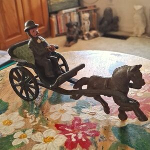 Cast iron antique man and horse buggy toy